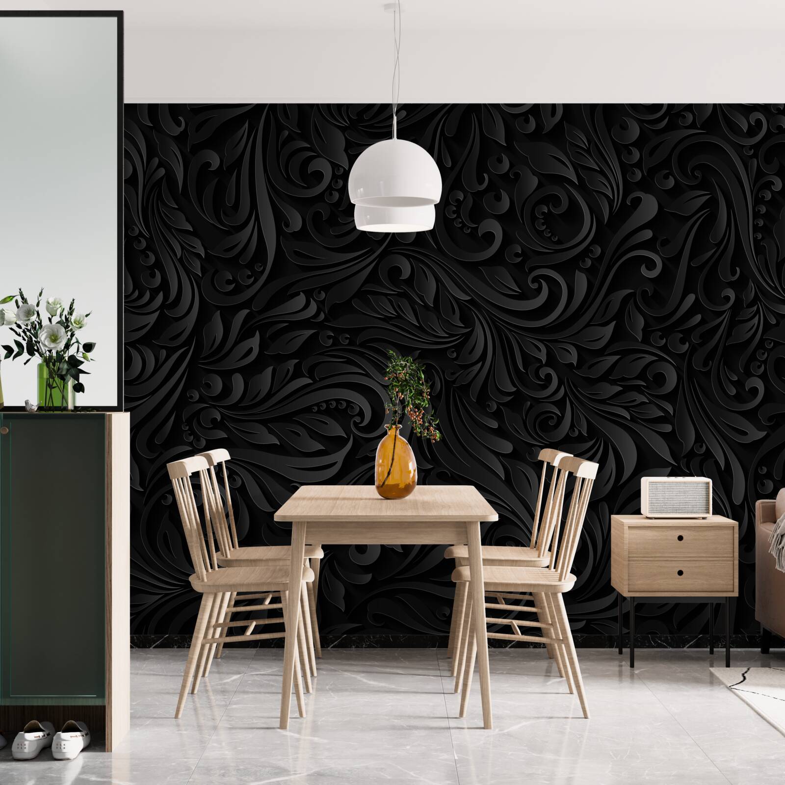 Fototapeta liście i czarne kwiaty z teksturą