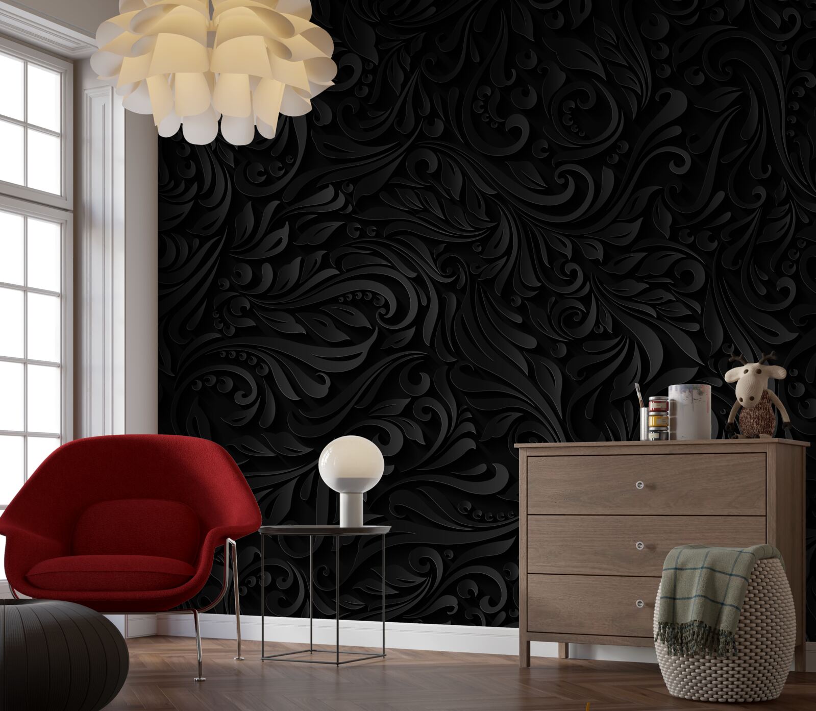 Fototapeta liście i czarne kwiaty z teksturą