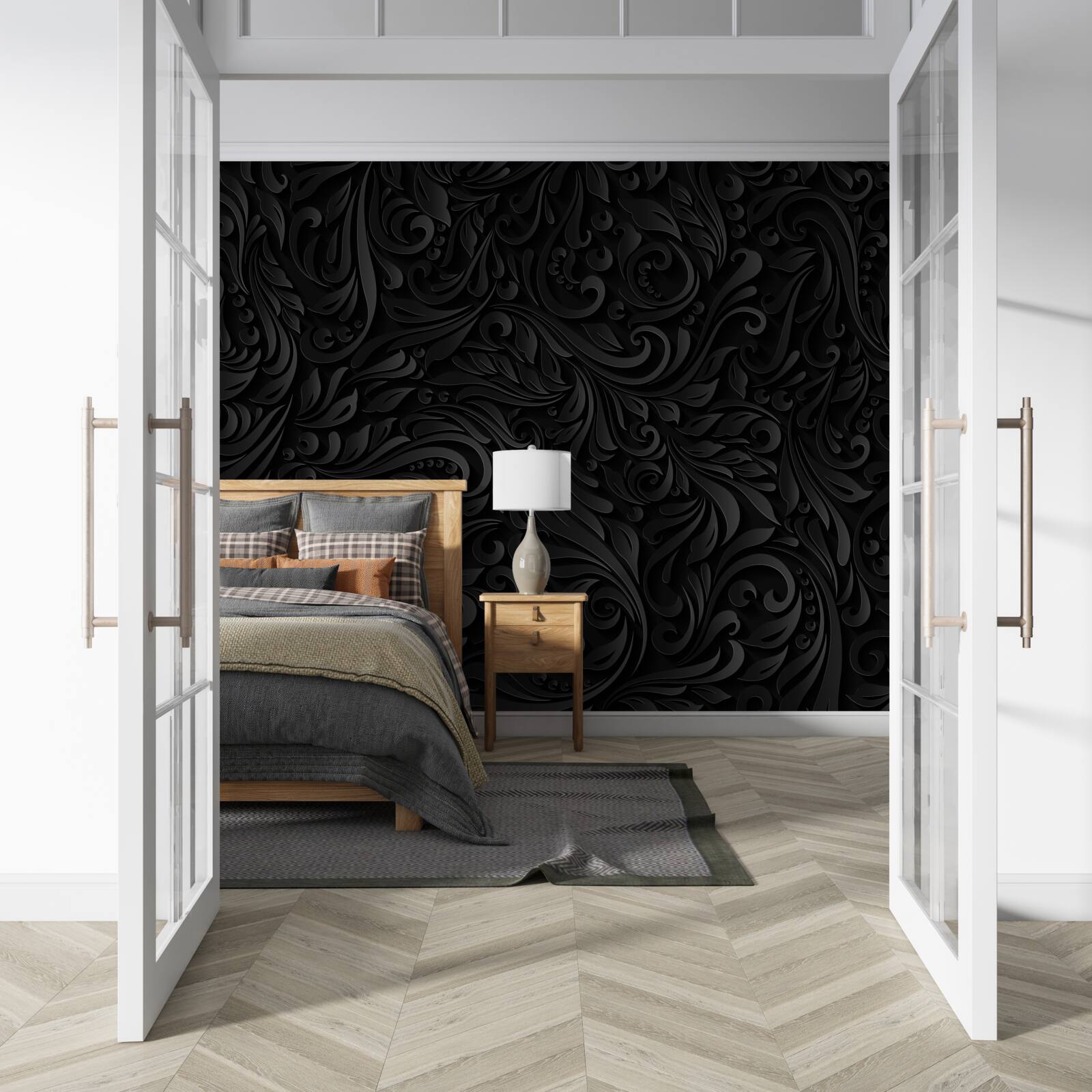 Fototapeta liście i czarne kwiaty z teksturą