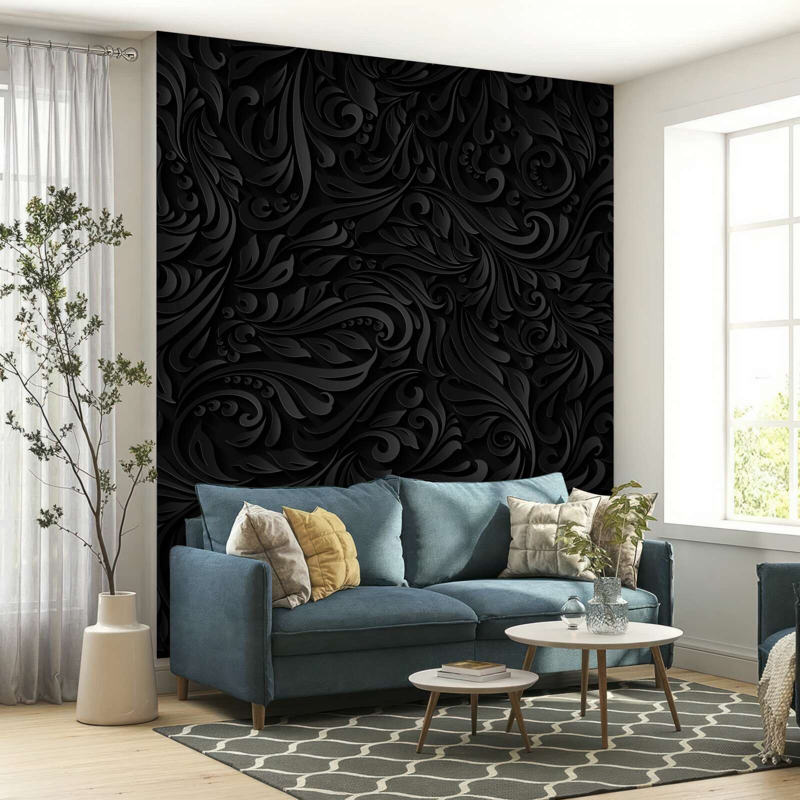 Fototapeta liście i czarne kwiaty z teksturą