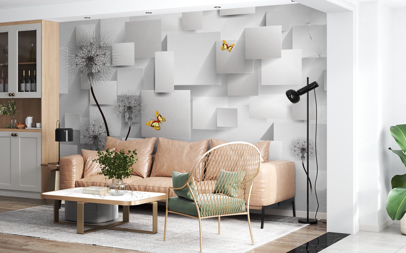 Fototapeta abstrakcyjne białe kwadraty z mleczami na pierwszym planie