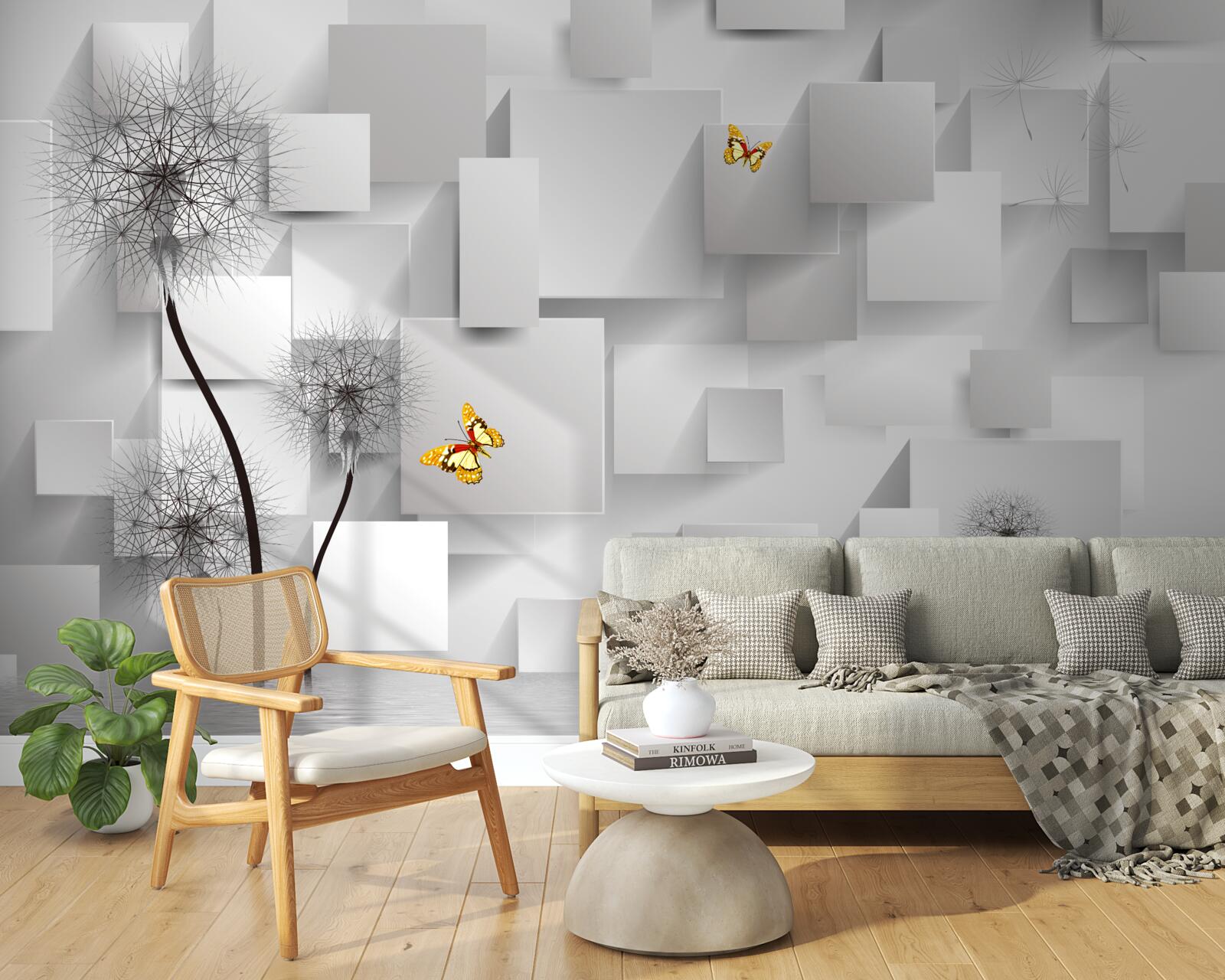 Fototapeta abstrakcyjne białe kwadraty z mleczami na pierwszym planie