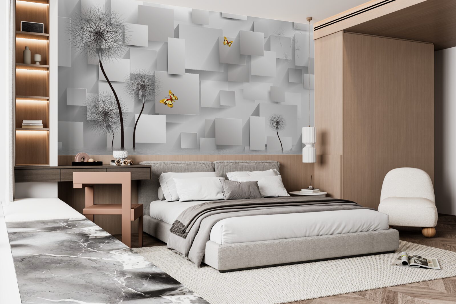 Fototapeta abstrakcyjne białe kwadraty z mleczami na pierwszym planie