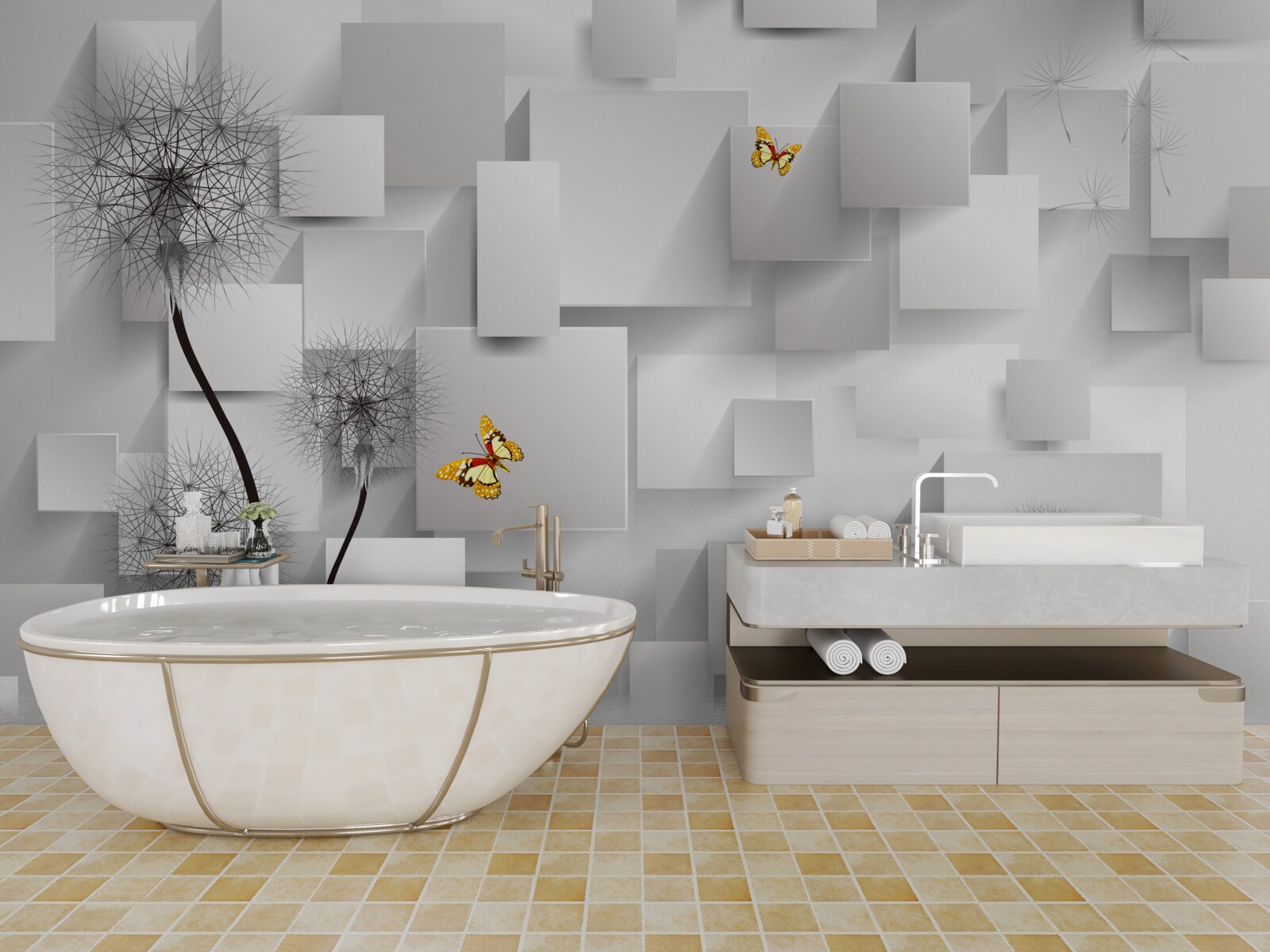 Fototapeta abstrakcyjne białe kwadraty z mleczami na pierwszym planie