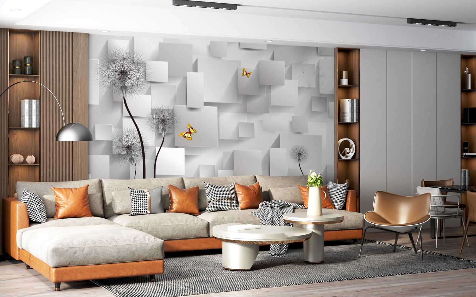 Fototapeta abstrakcyjne białe kwadraty z mleczami na pierwszym planie