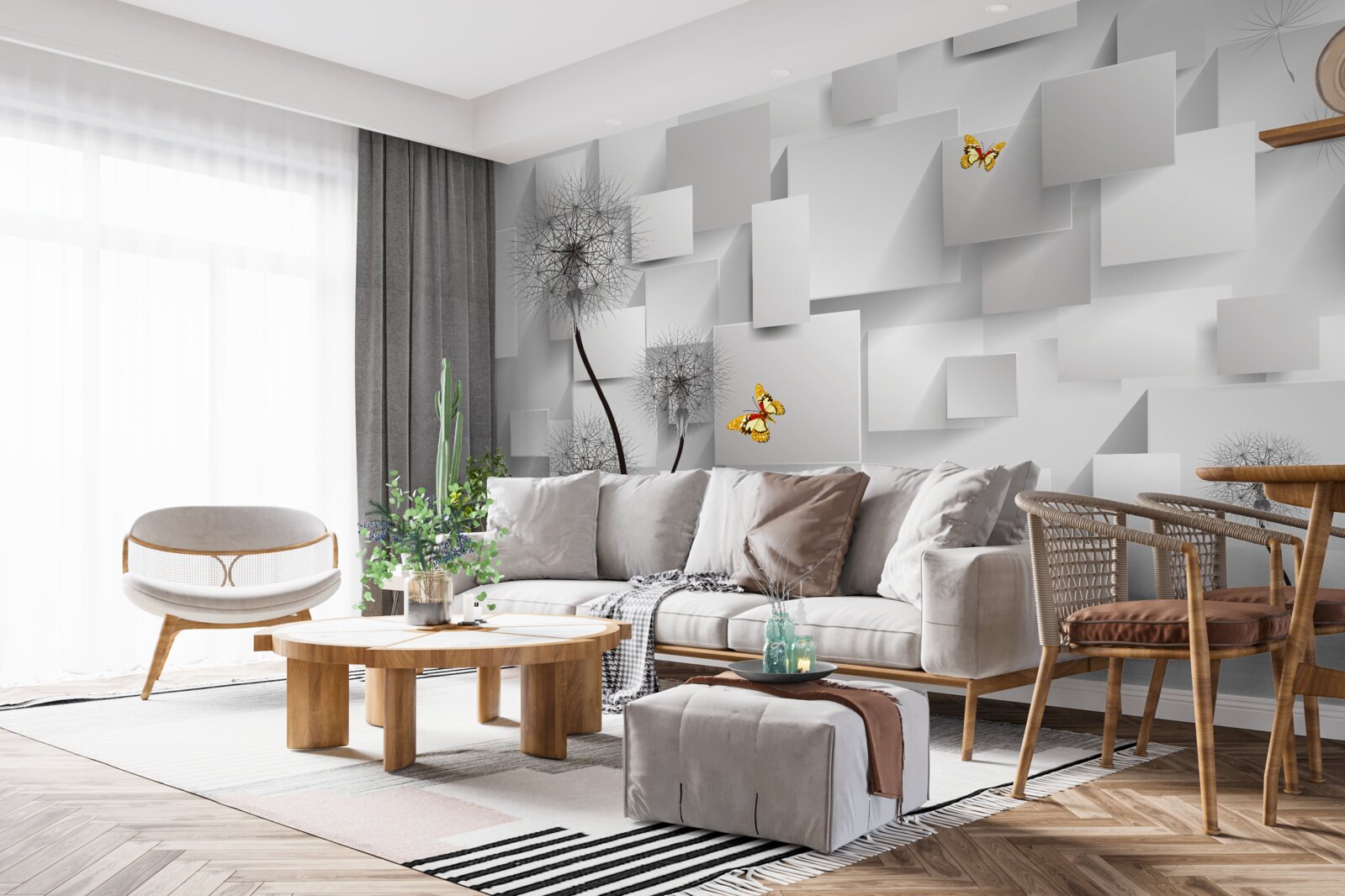 Fototapeta abstrakcyjne białe kwadraty z mleczami na pierwszym planie