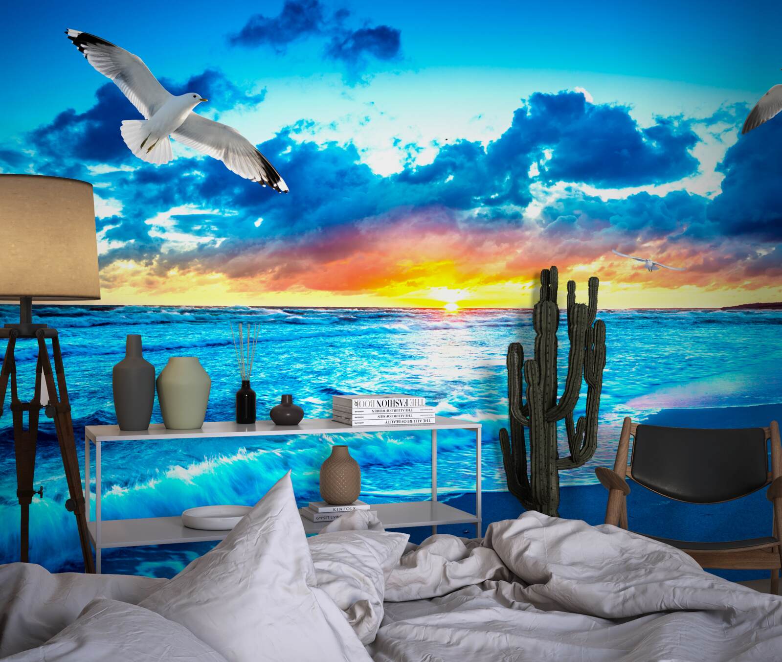 Fototapeta zachód słońca nad morzem i marzycielskimi mewami