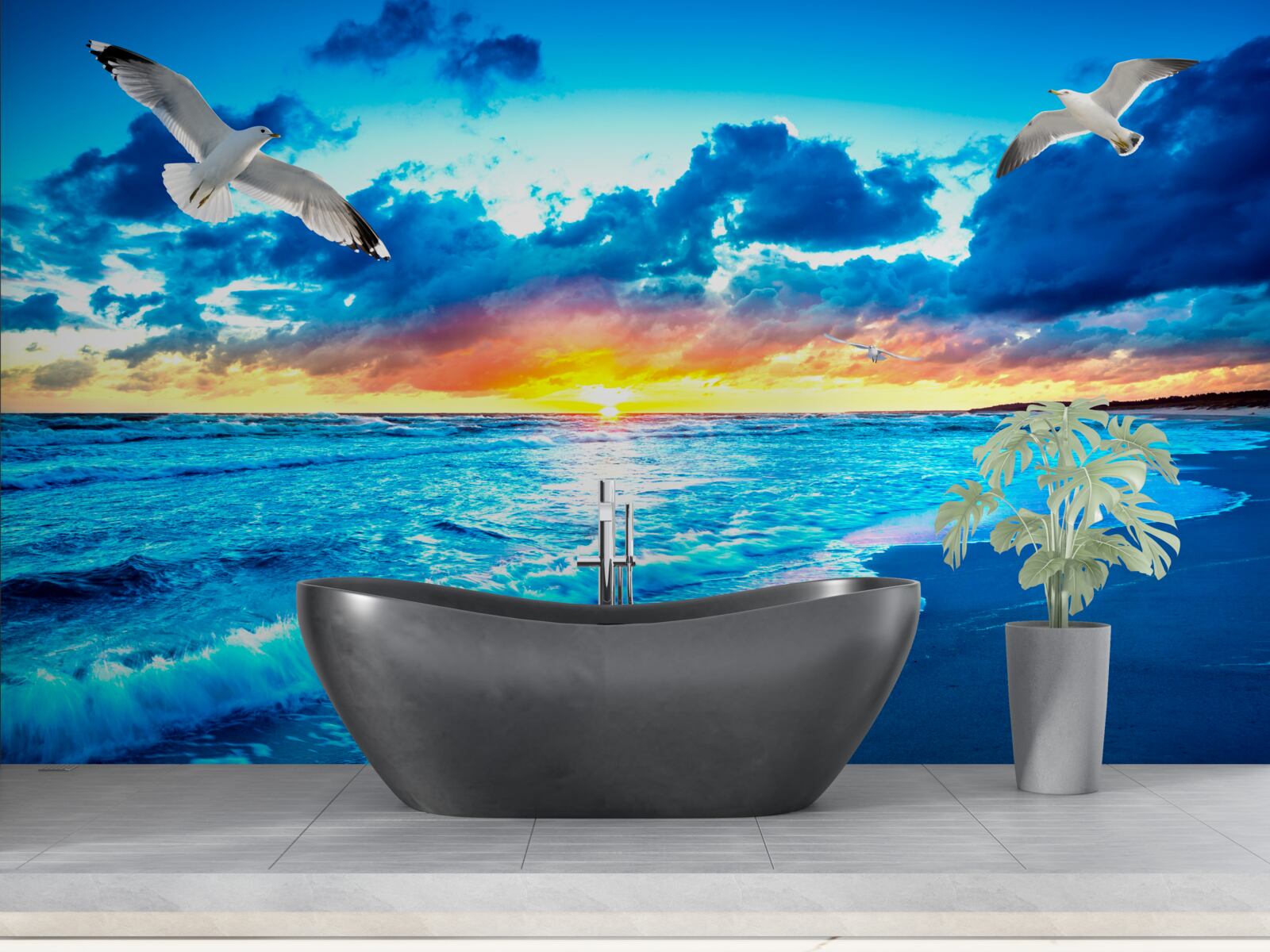 Fototapeta zachód słońca nad morzem i marzycielskimi mewami