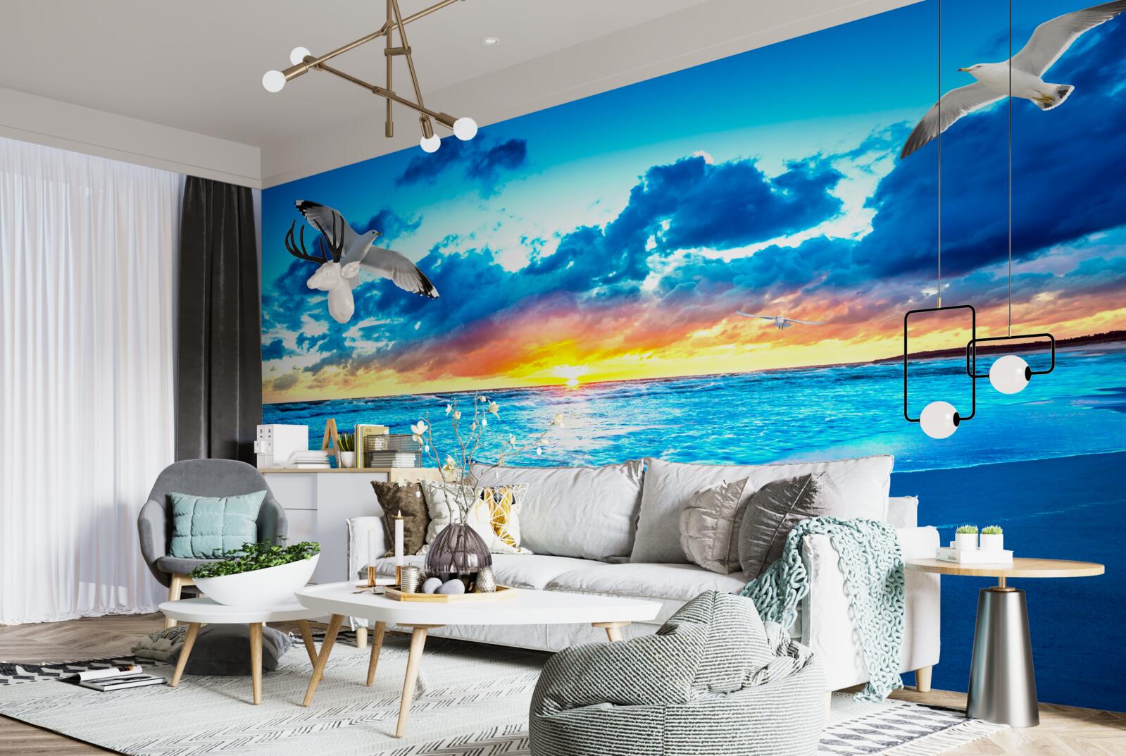 Fototapeta zachód słońca nad morzem i marzycielskimi mewami