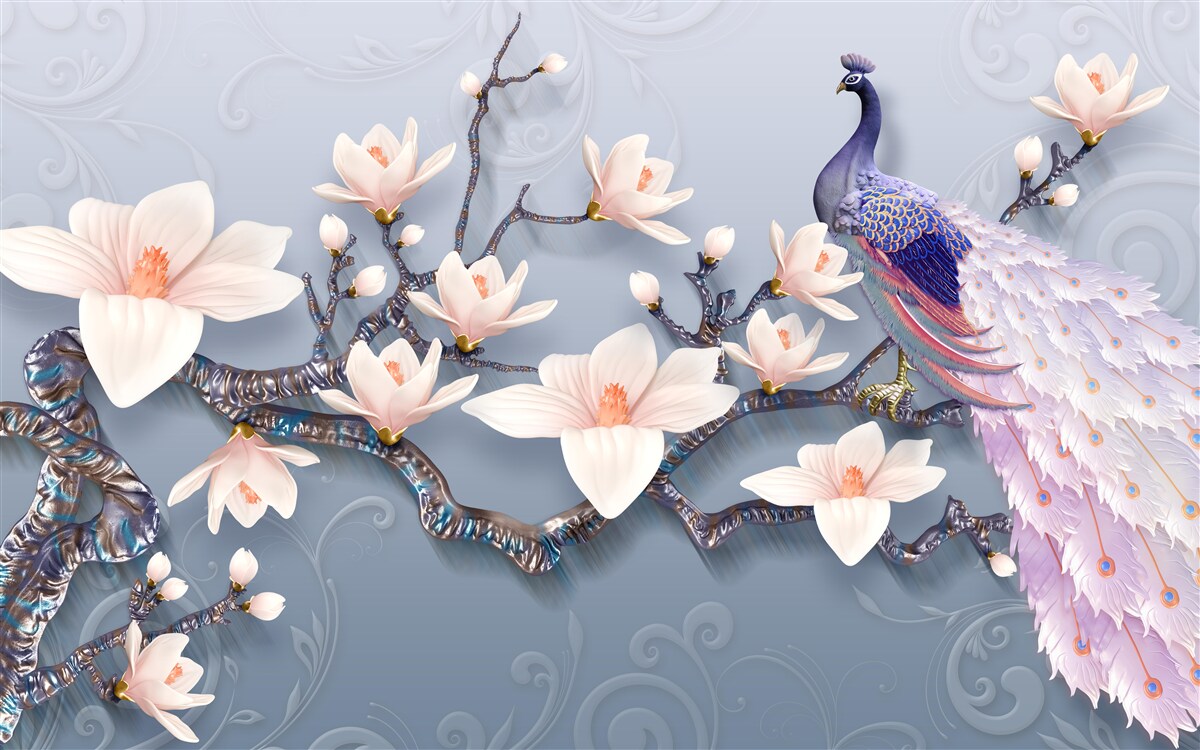 Fototapeta wspaniały paw siedzący na gałęzi z pąkami