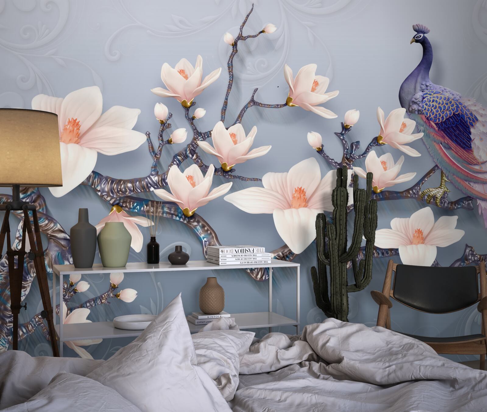 Fototapeta wspaniały paw siedzący na gałęzi z pąkami