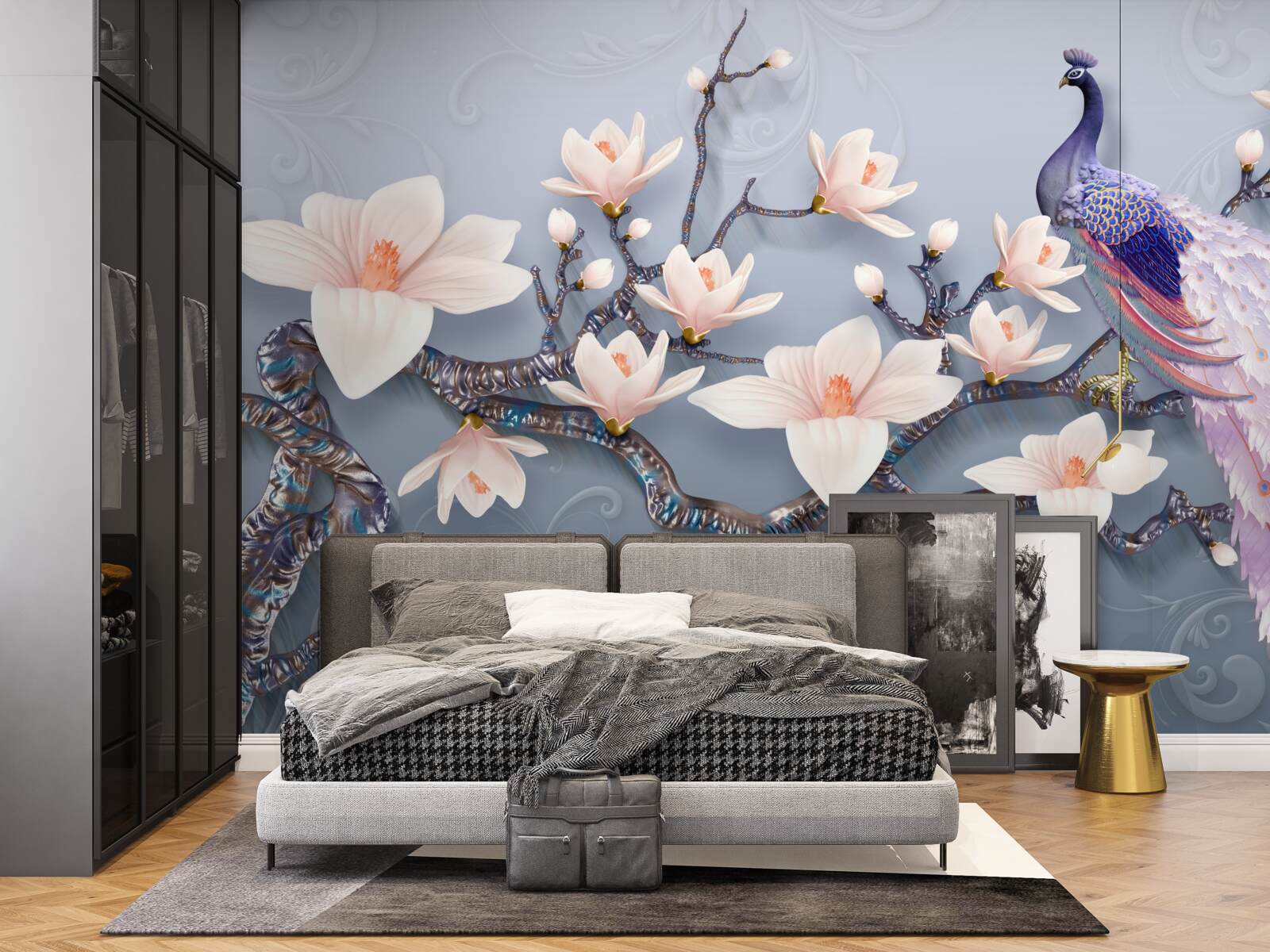 Fototapeta wspaniały paw siedzący na gałęzi z pąkami