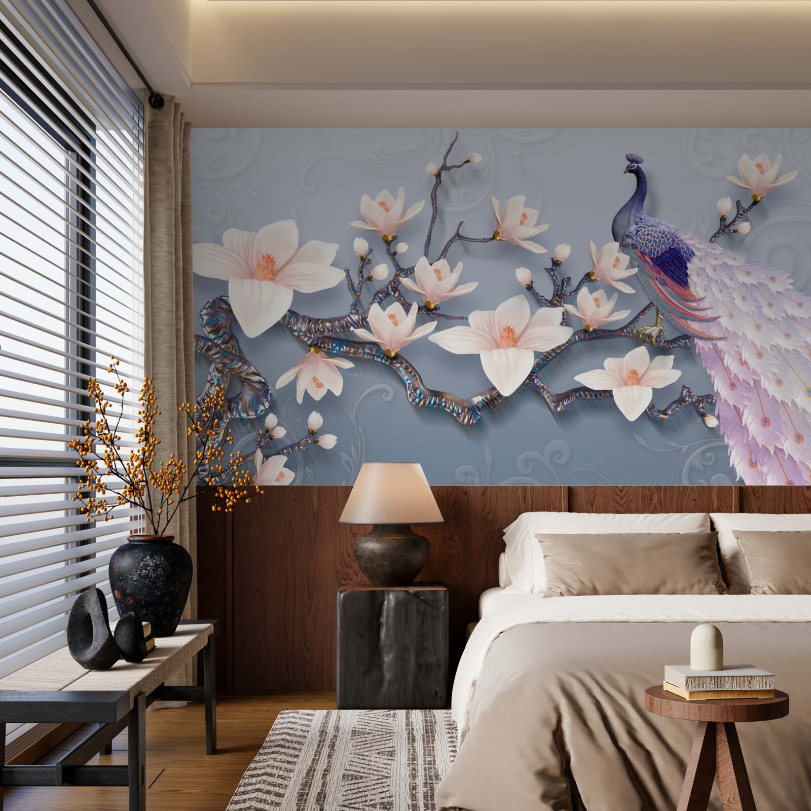 Fototapeta wspaniały paw siedzący na gałęzi z pąkami