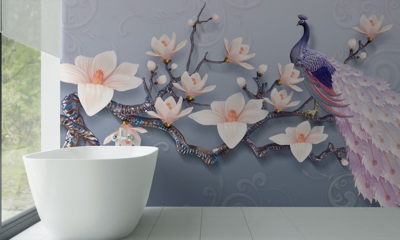 Fototapeta wspaniały paw siedzący na gałęzi z pąkami