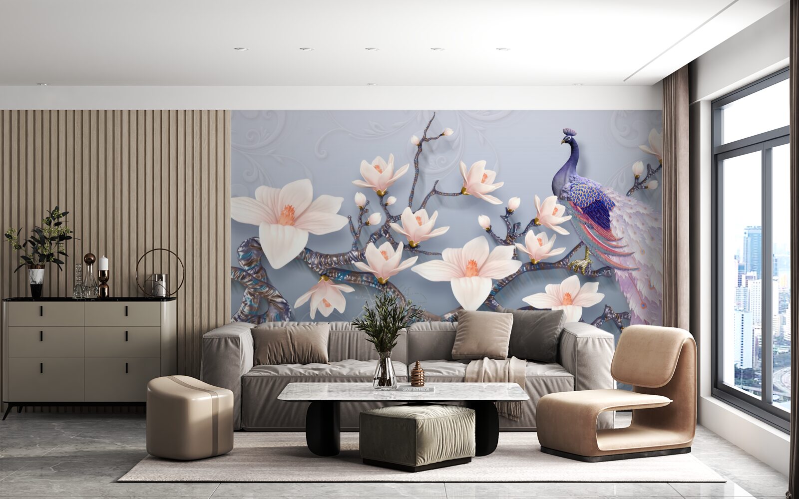 Fototapeta wspaniały paw siedzący na gałęzi z pąkami