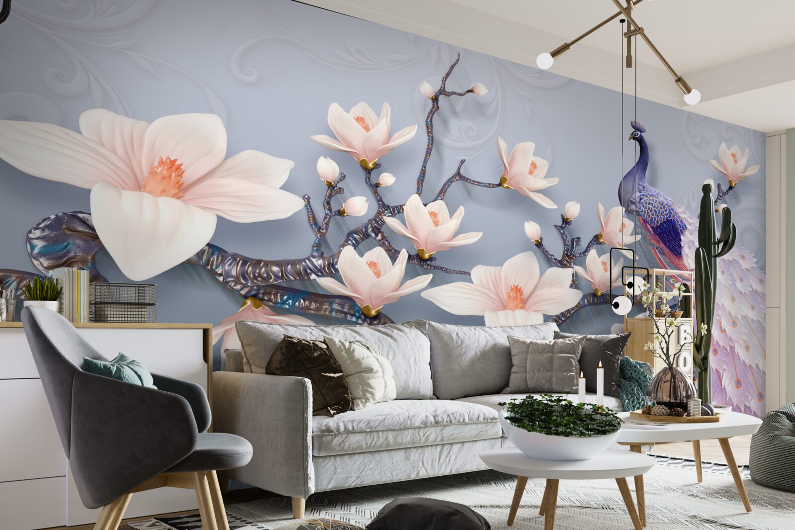 Fototapeta wspaniały paw siedzący na gałęzi z pąkami