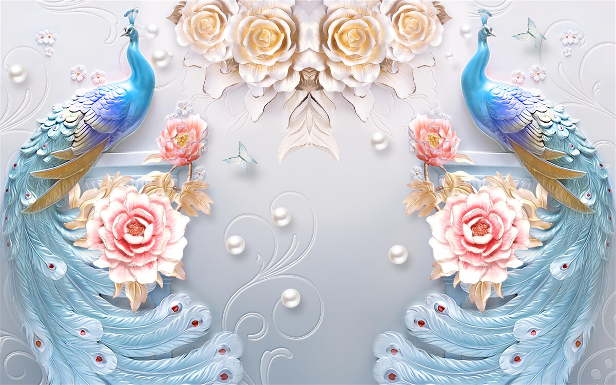 Fototapeta dwa przepiękne pawie i róże w odcieniu różu