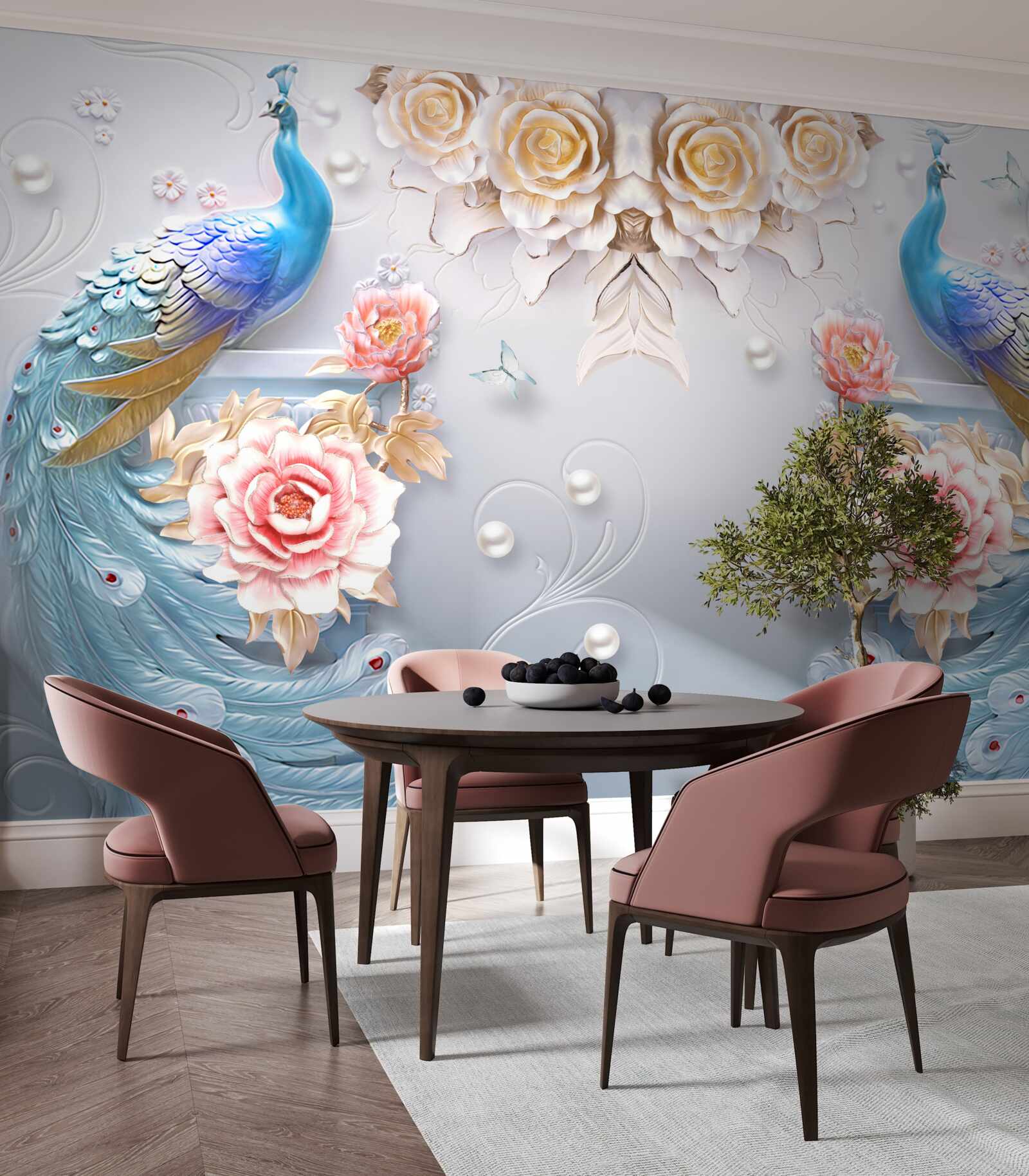 Fototapeta dwa przepiękne pawie i róże w odcieniu różu