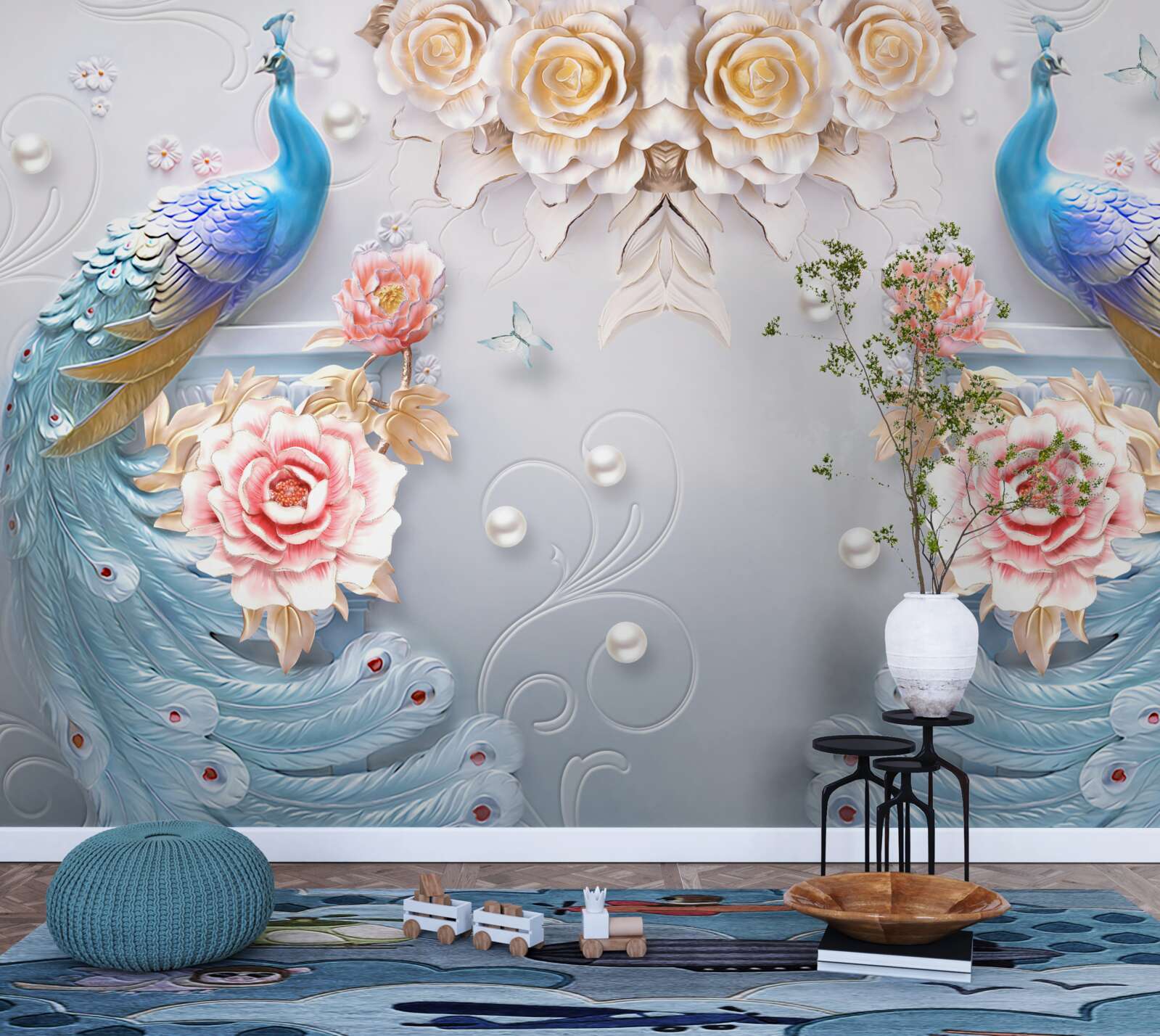 Fototapeta dwa przepiękne pawie i róże w odcieniu różu