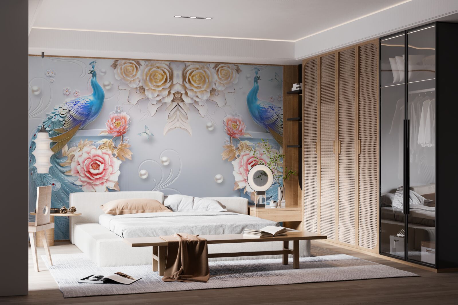 Fototapeta dwa przepiękne pawie i róże w odcieniu różu