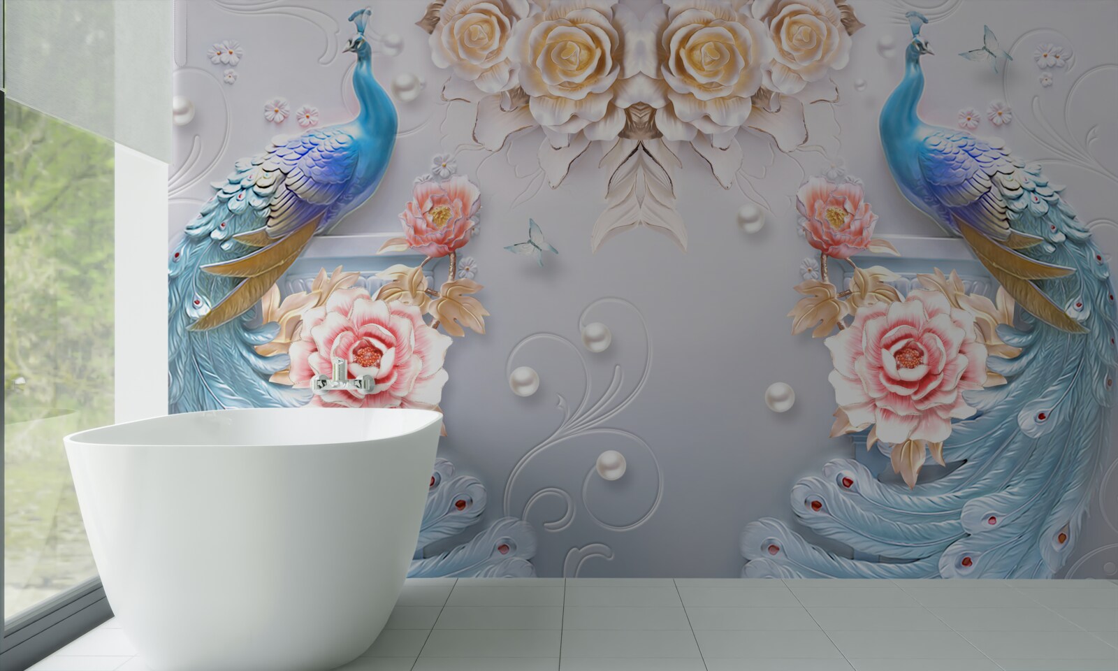 Fototapeta dwa przepiękne pawie i róże w odcieniu różu