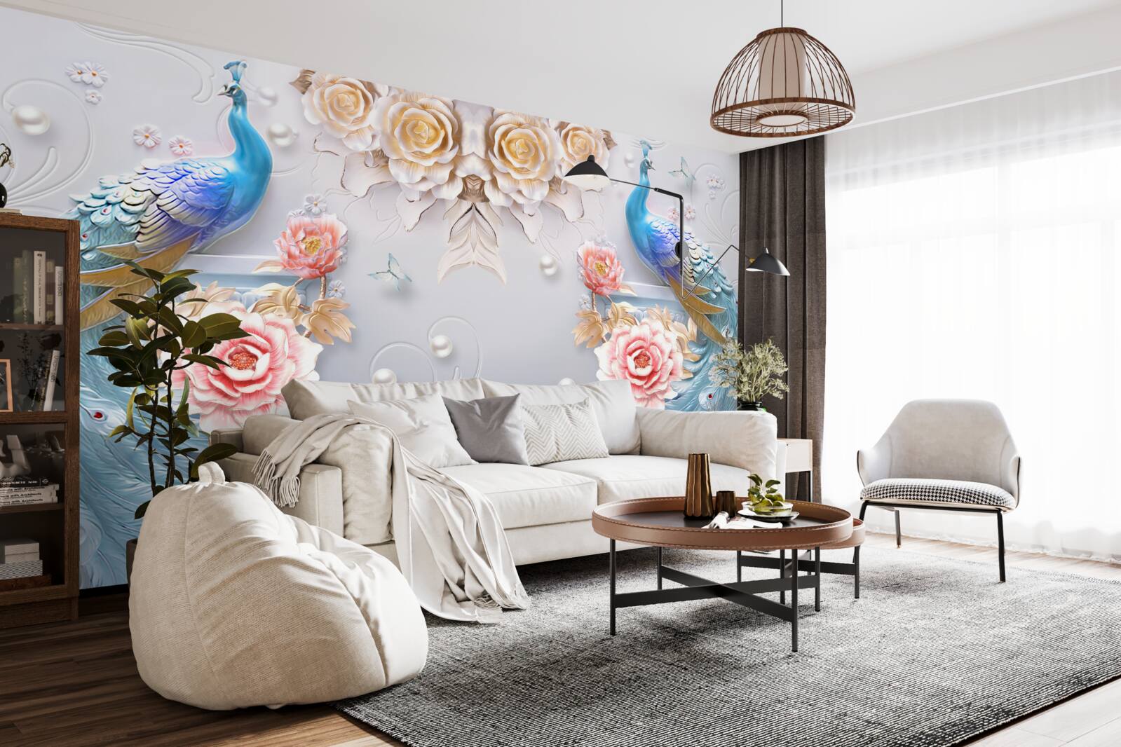 Fototapeta dwa przepiękne pawie i róże w odcieniu różu