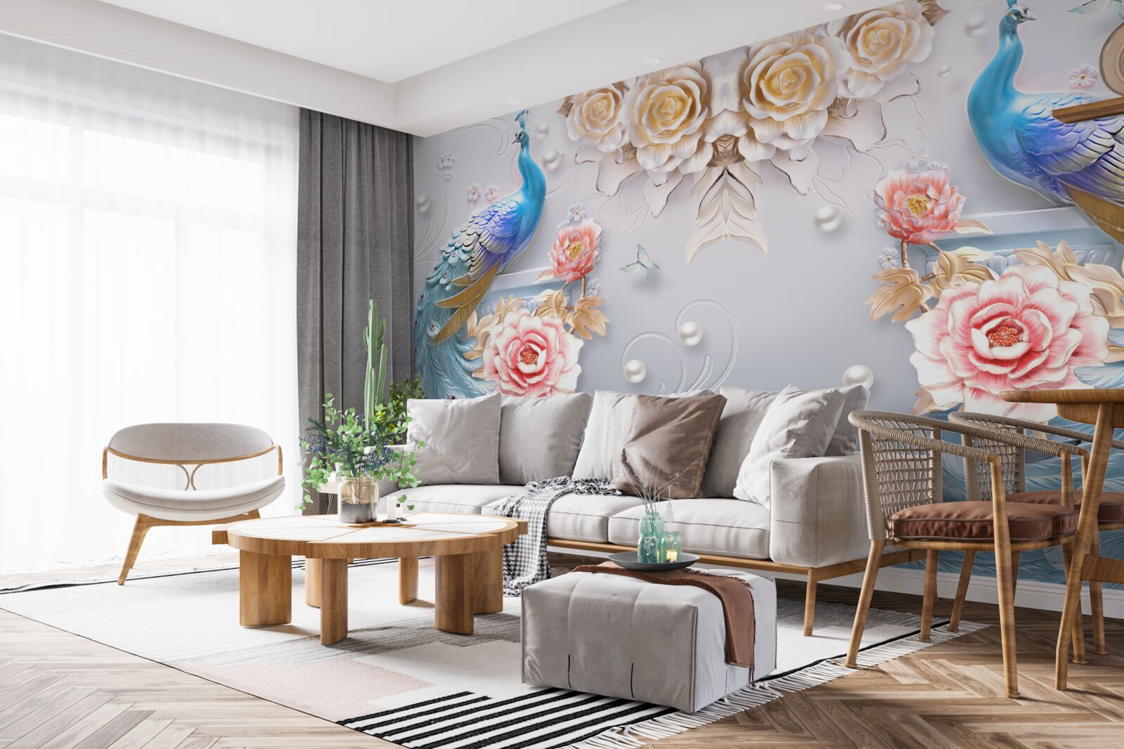 Fototapeta dwa przepiękne pawie i róże w odcieniu różu