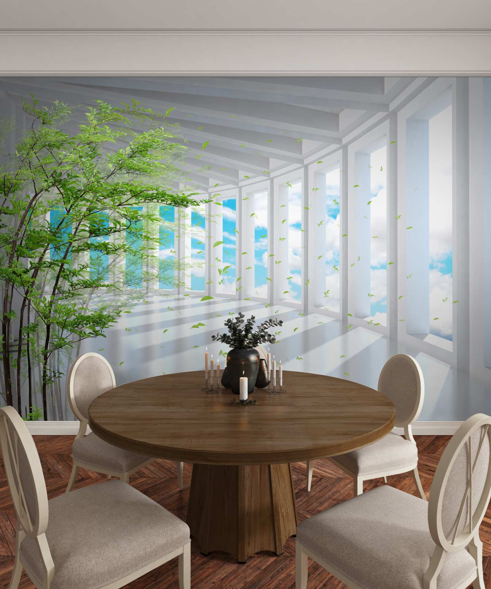 Fototapeta streszczenie korytarz ozdobiony zielonym drzewem