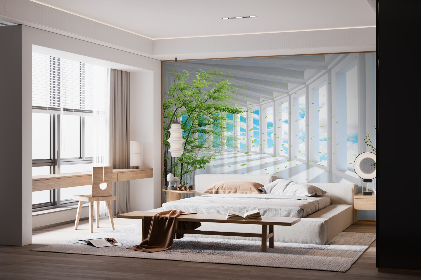 Fototapeta streszczenie korytarz ozdobiony zielonym drzewem