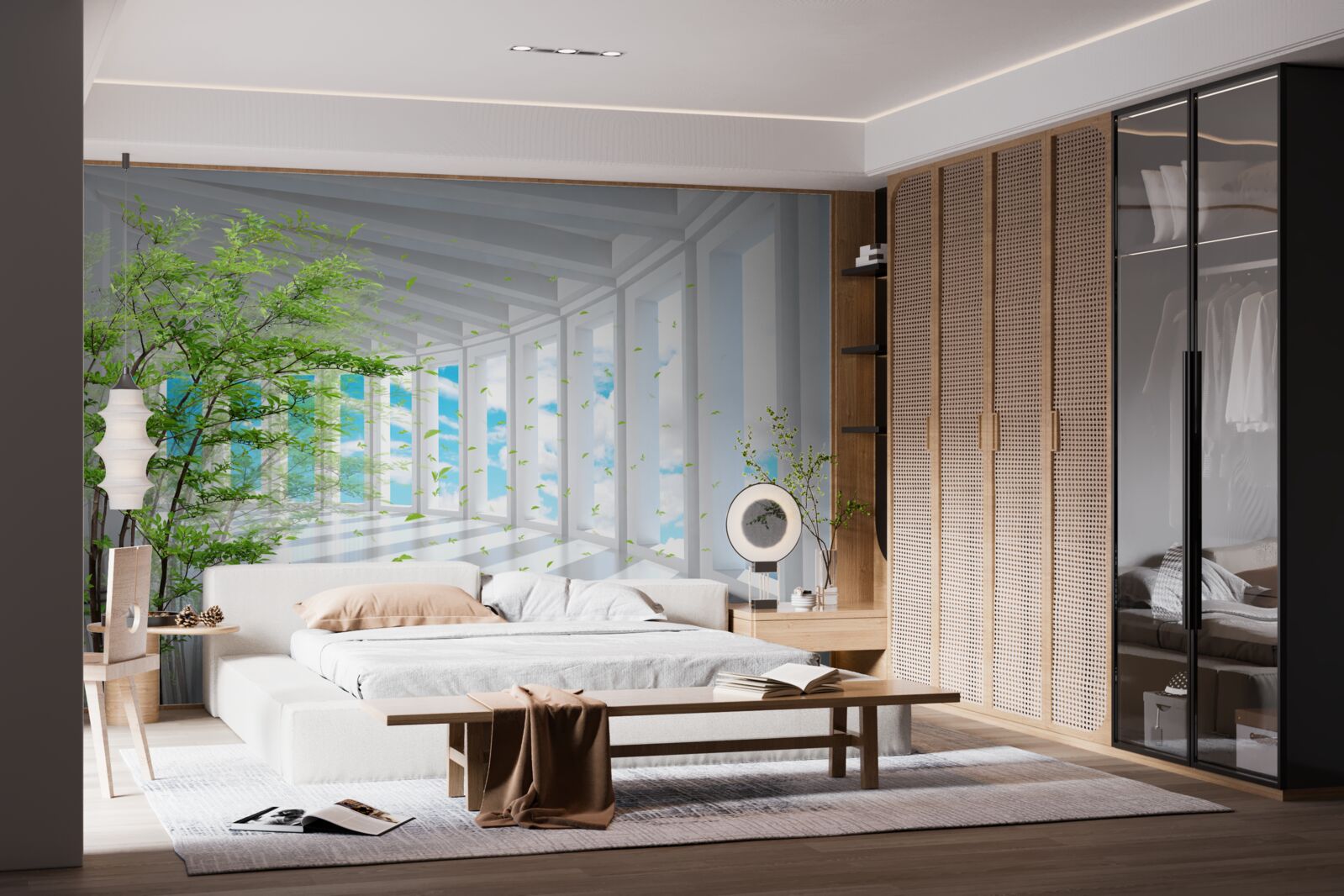 Fototapeta streszczenie korytarz ozdobiony zielonym drzewem