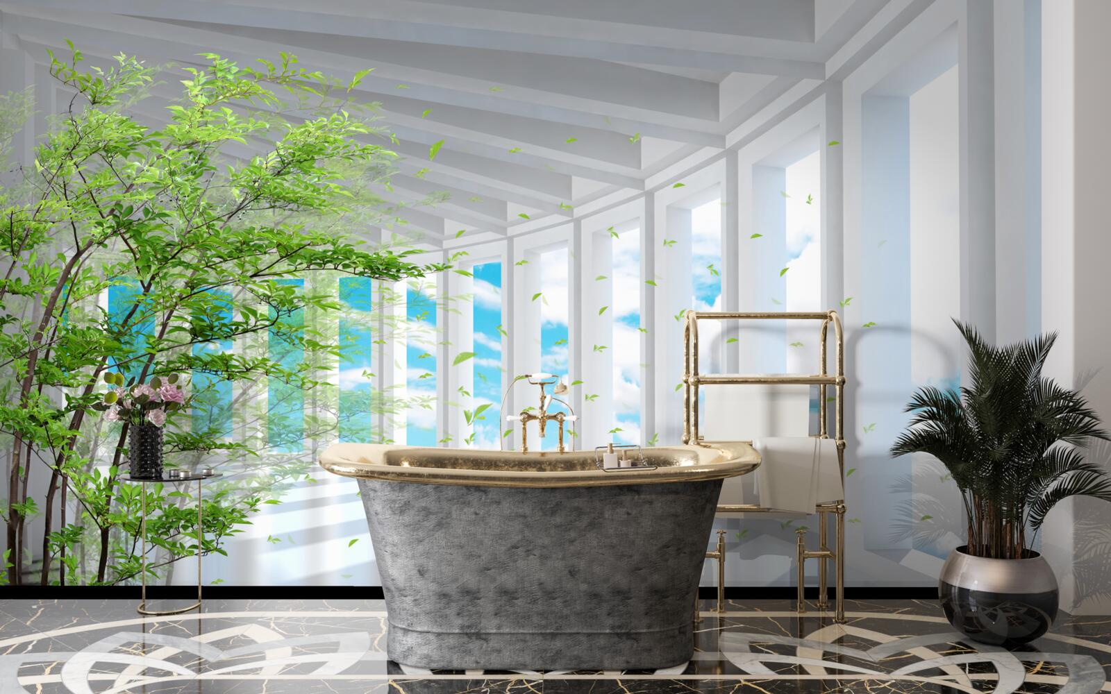 Fototapeta streszczenie korytarz ozdobiony zielonym drzewem