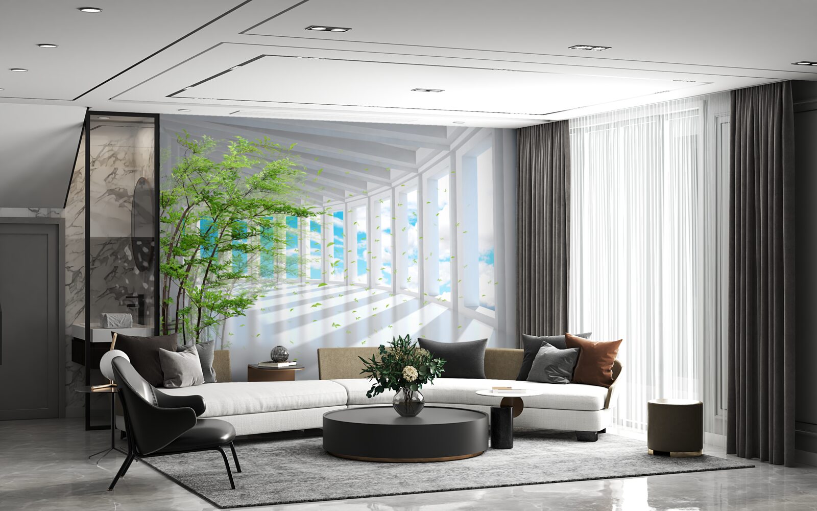 Fototapeta streszczenie korytarz ozdobiony zielonym drzewem