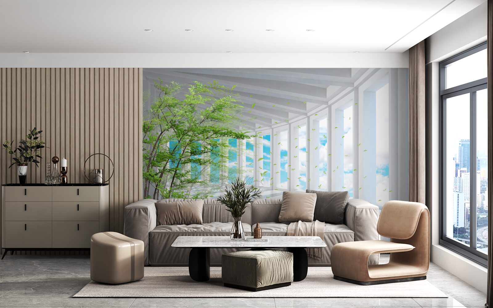 Fototapeta streszczenie korytarz ozdobiony zielonym drzewem