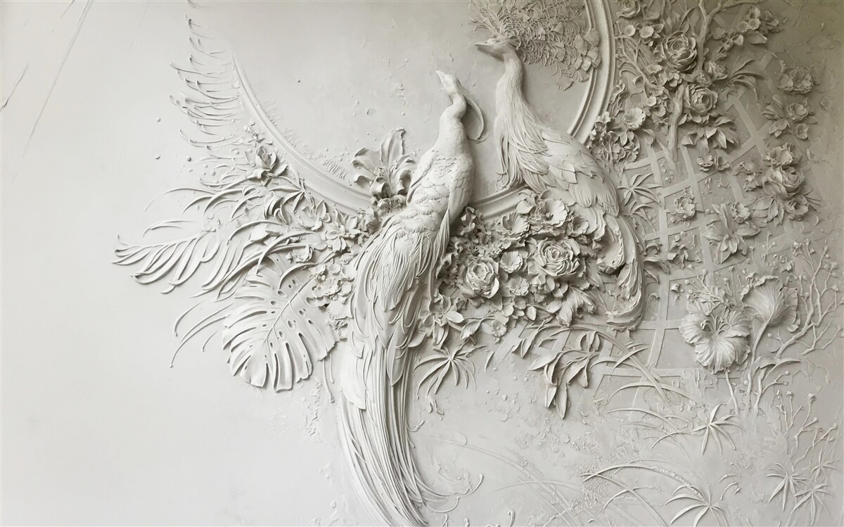 Fototapeta kwitnące drzewo ozdobione jest pawiami