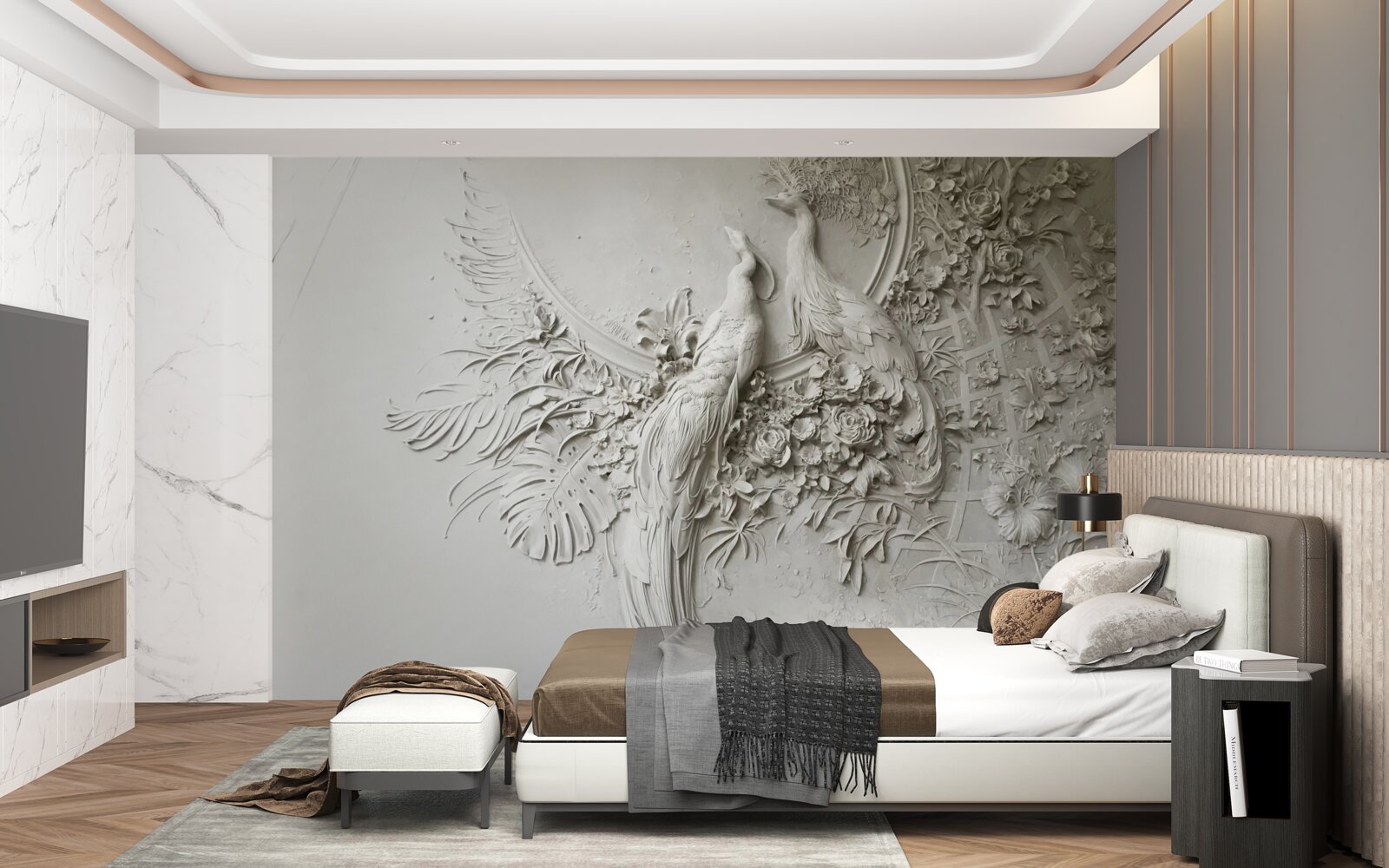 Fototapeta kwitnące drzewo ozdobione jest pawiami