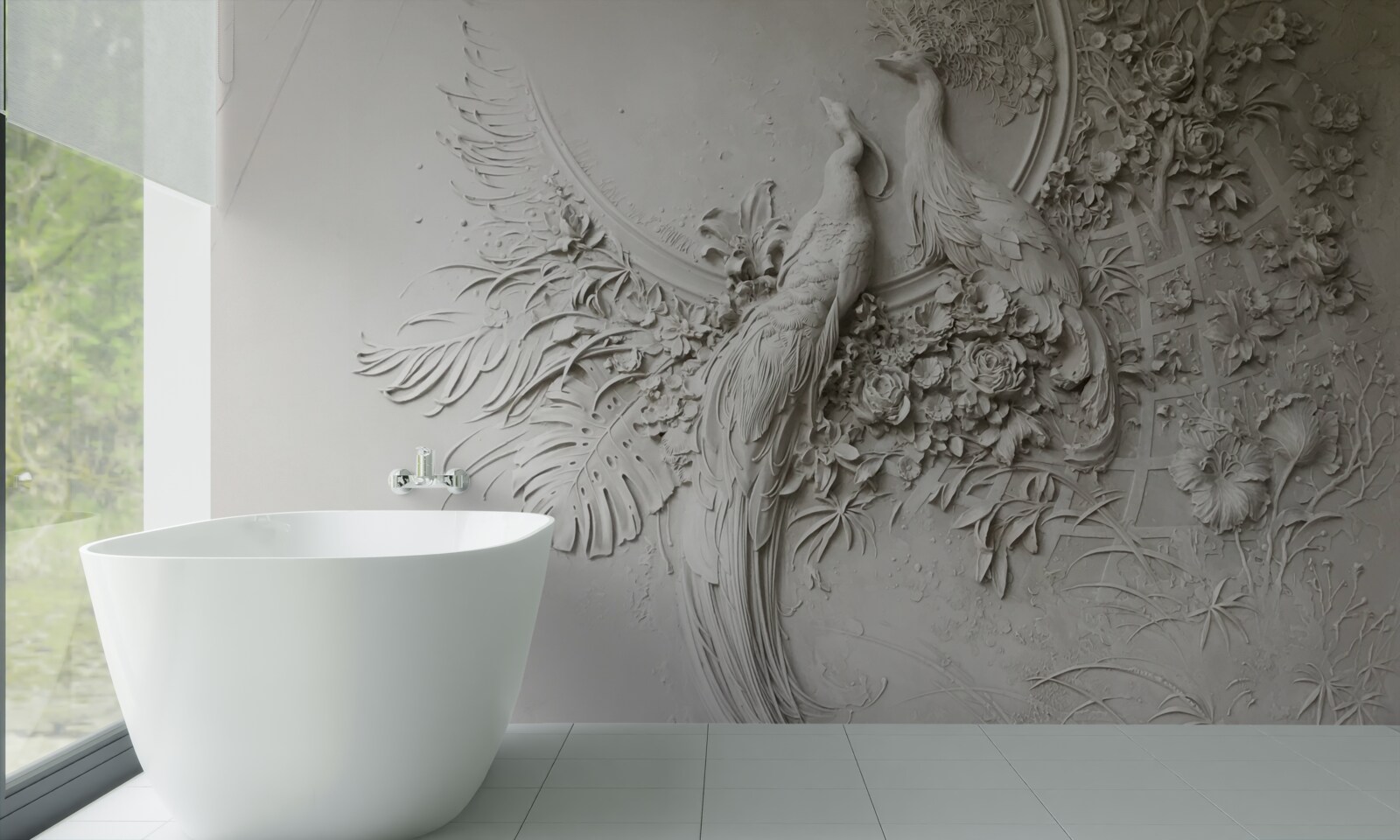 Fototapeta kwitnące drzewo ozdobione jest pawiami