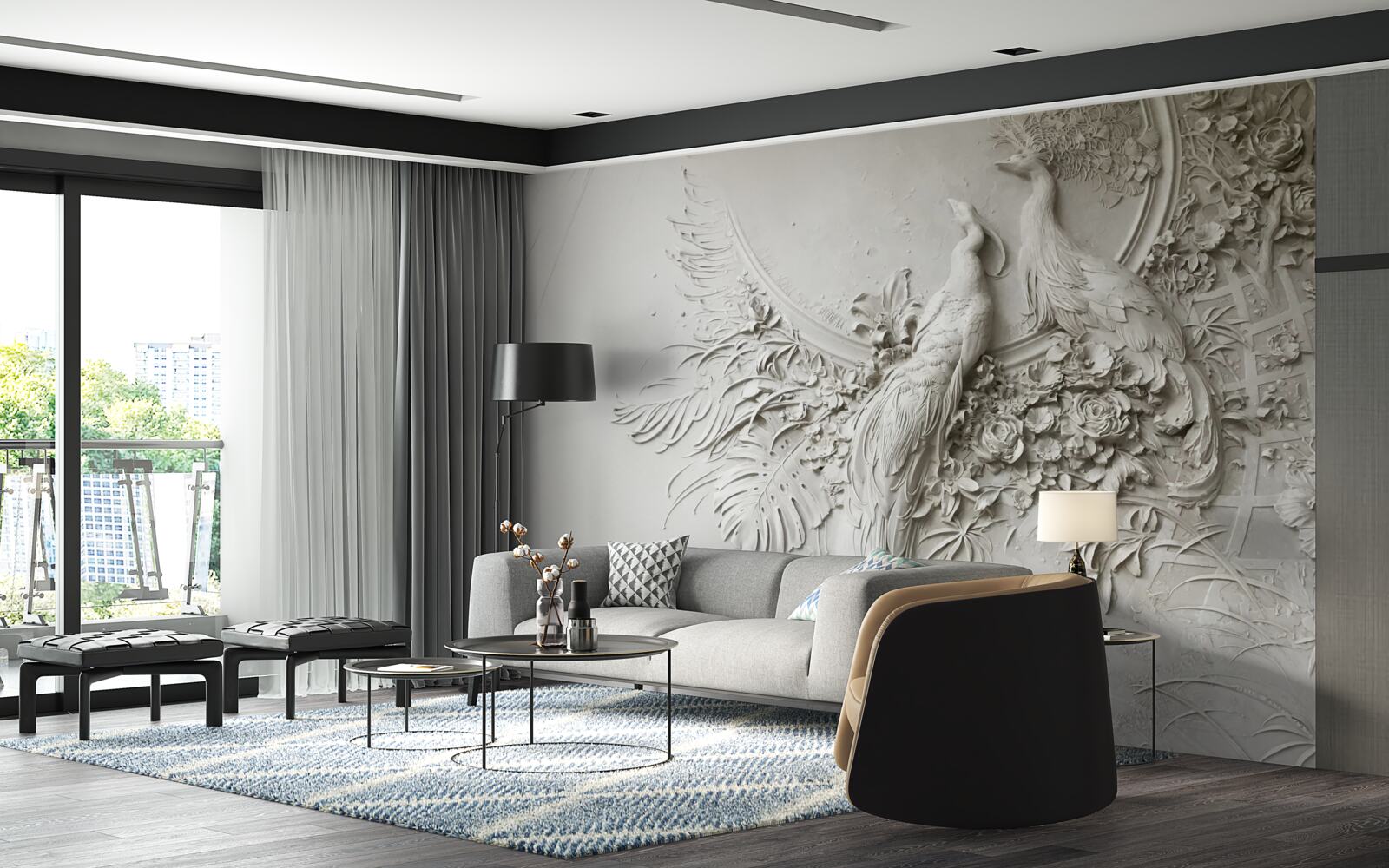 Fototapeta kwitnące drzewo ozdobione jest pawiami