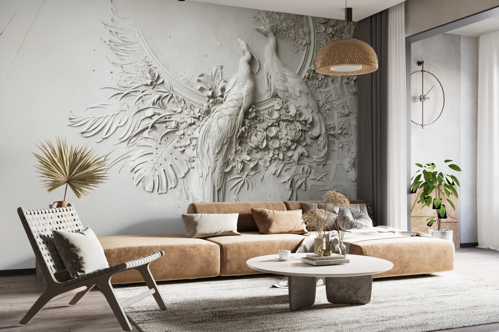 Fototapeta kwitnące drzewo ozdobione jest pawiami