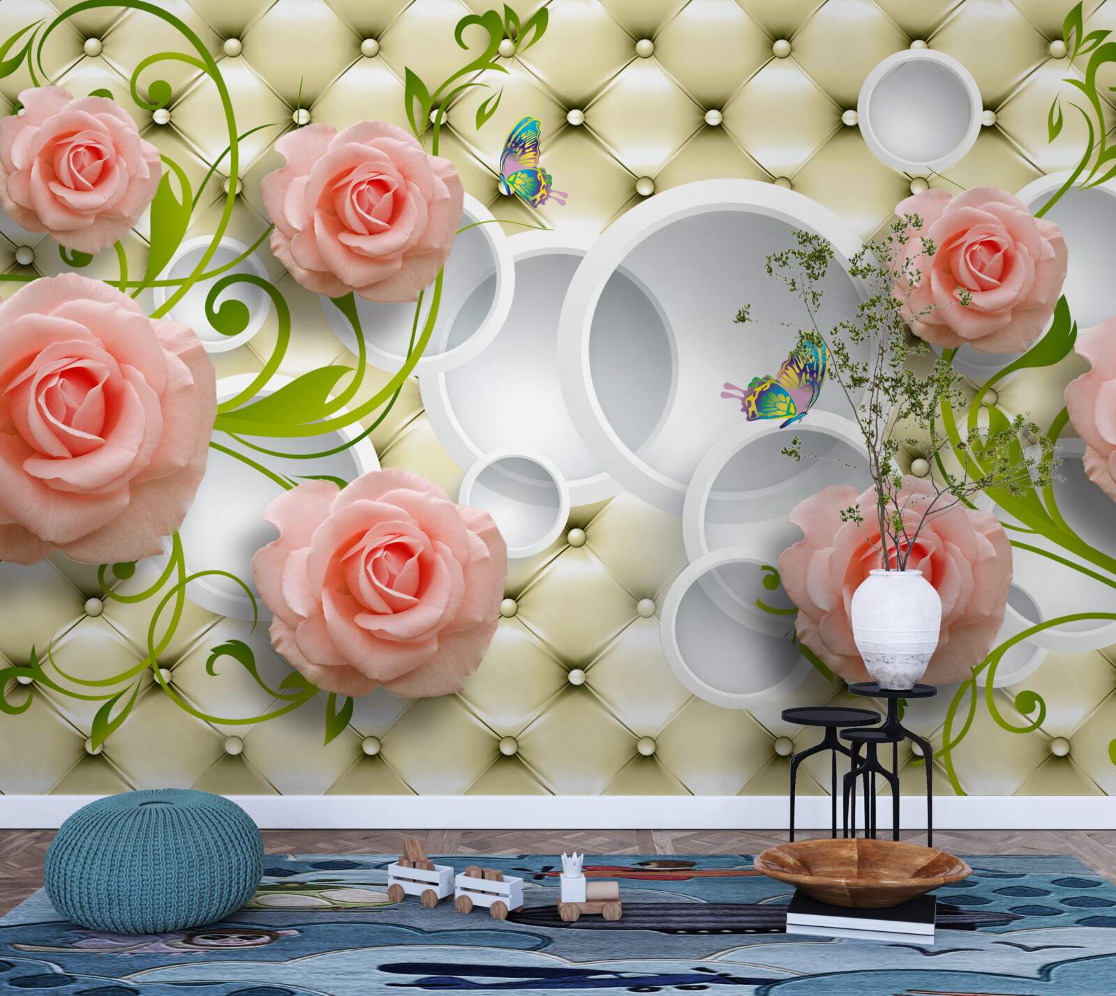 Fototapeta miękkie różowe róże z zielonymi łodygami