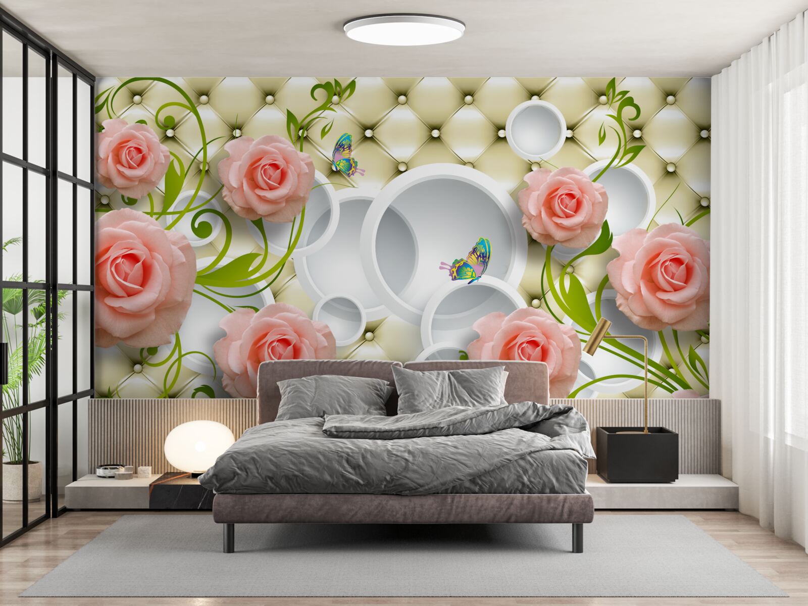 Fototapeta miękkie różowe róże z zielonymi łodygami