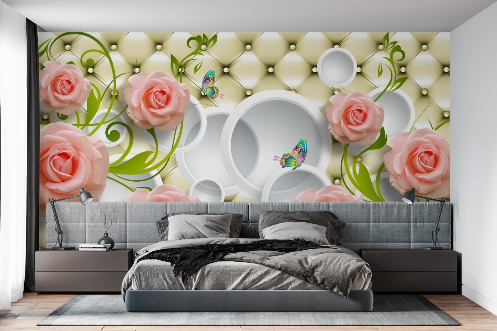 Fototapeta miękkie różowe róże z zielonymi łodygami