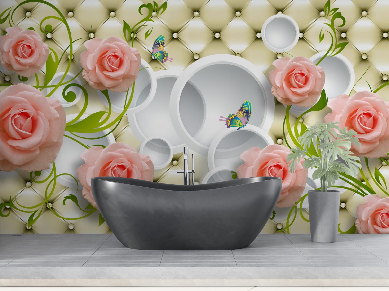 Fototapeta miękkie różowe róże z zielonymi łodygami