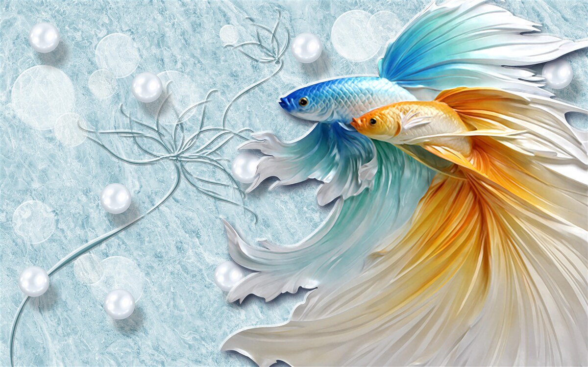 Fototapeta ryby z luksusowymi ogonami, owiane złotem i błękitem