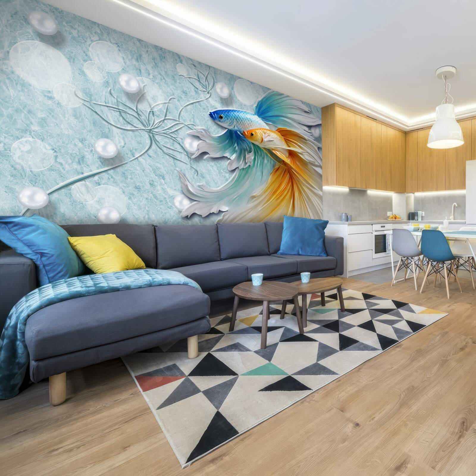Fototapeta ryby z luksusowymi ogonami, owiane złotem i błękitem