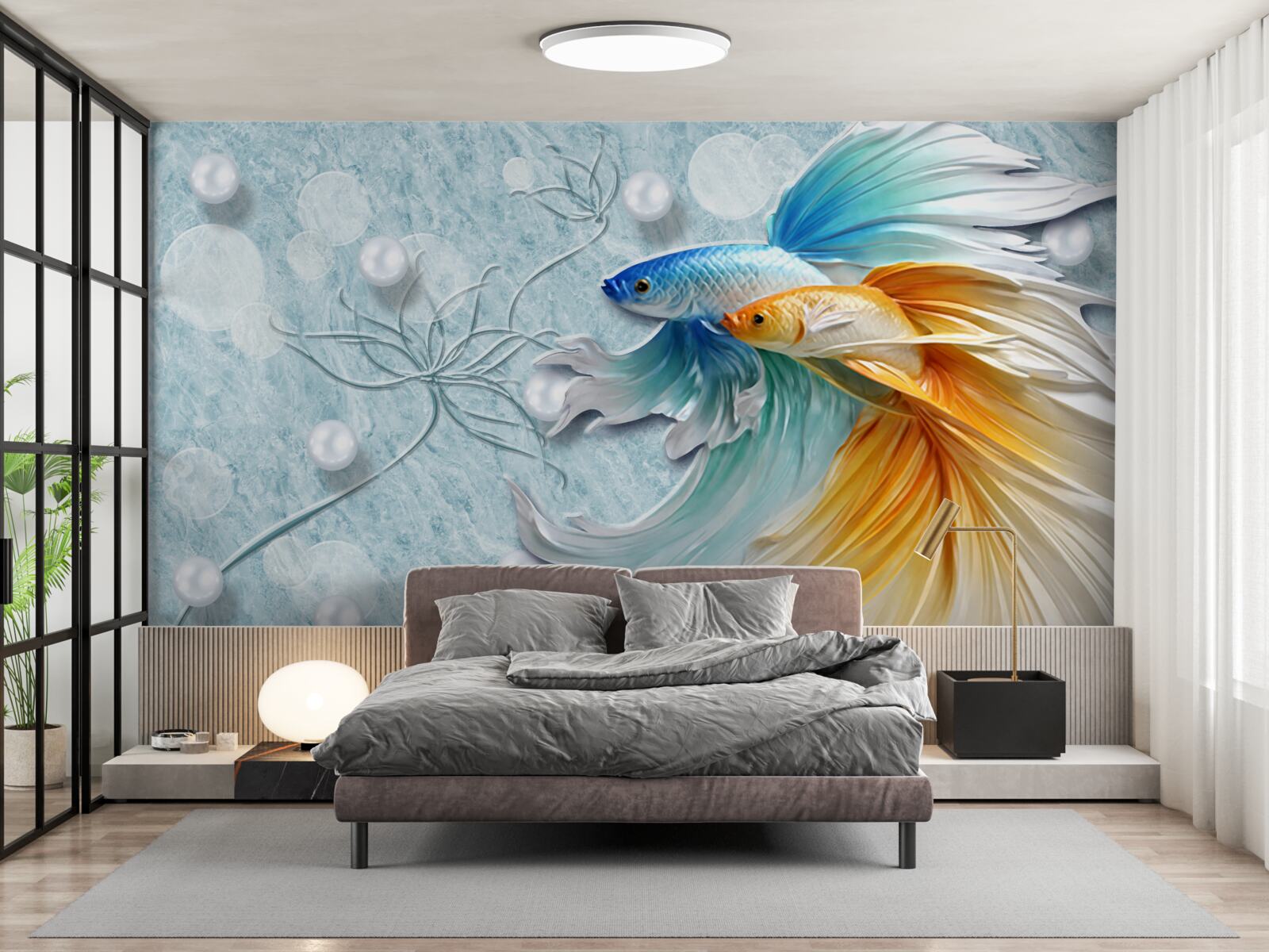 Fototapeta ryby z luksusowymi ogonami, owiane złotem i błękitem