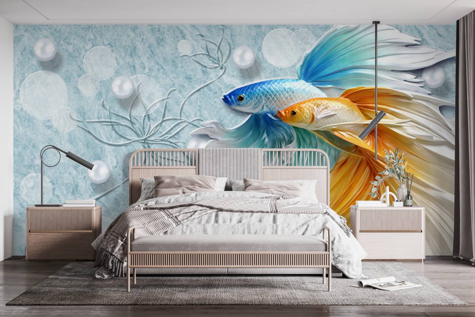 Fototapeta ryby z luksusowymi ogonami, owiane złotem i błękitem