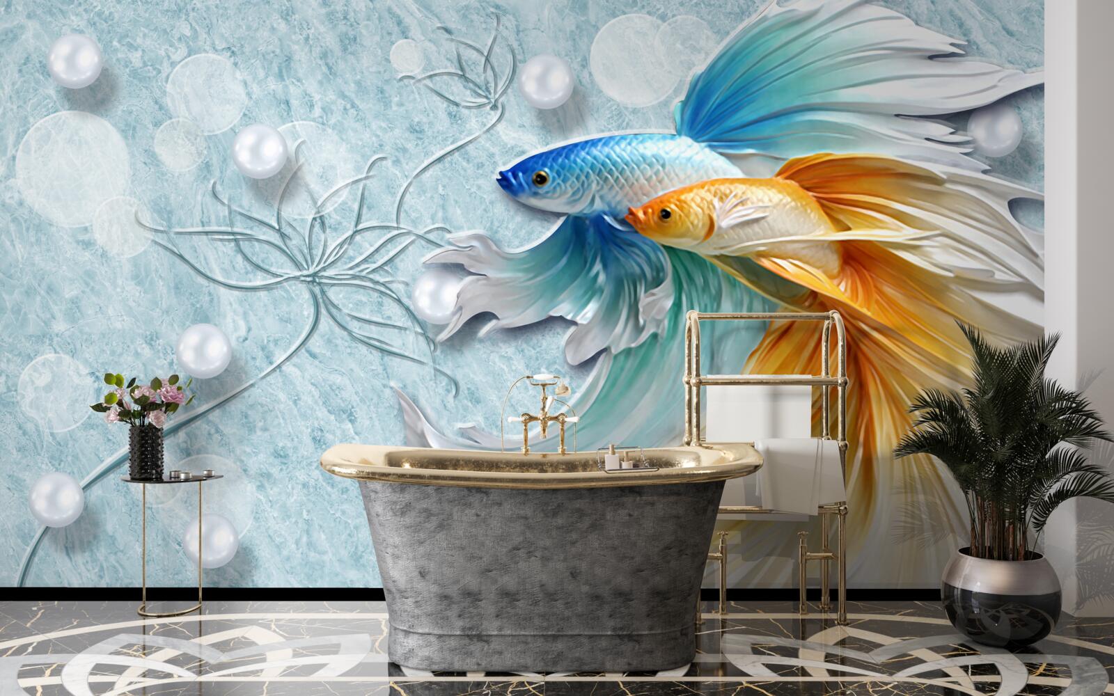 Fototapeta ryby z luksusowymi ogonami, owiane złotem i błękitem