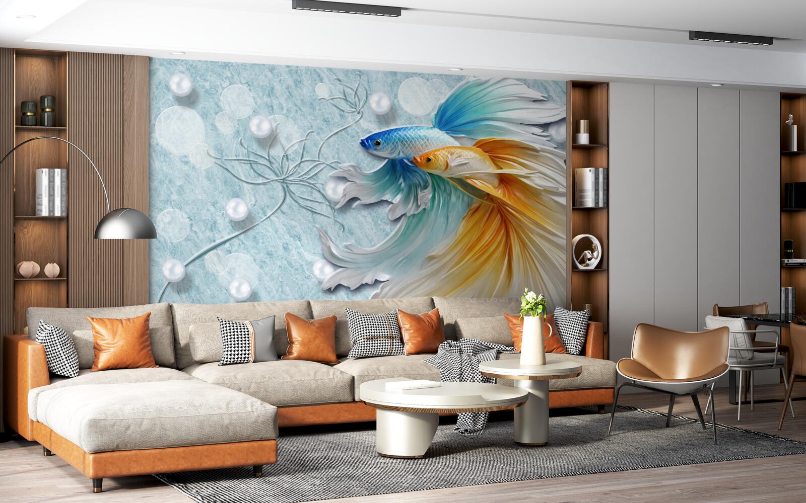 Fototapeta ryby z luksusowymi ogonami, owiane złotem i błękitem