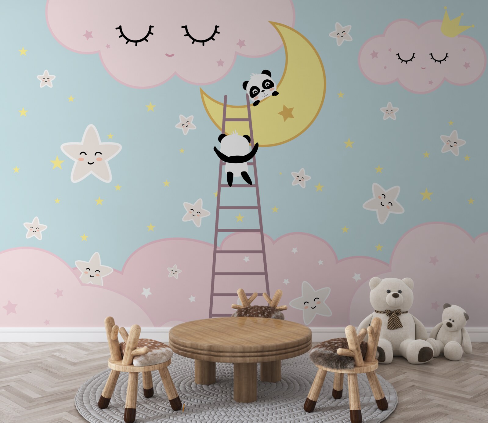 Fototapeta pandy wspinają się na księżyc po drabinie