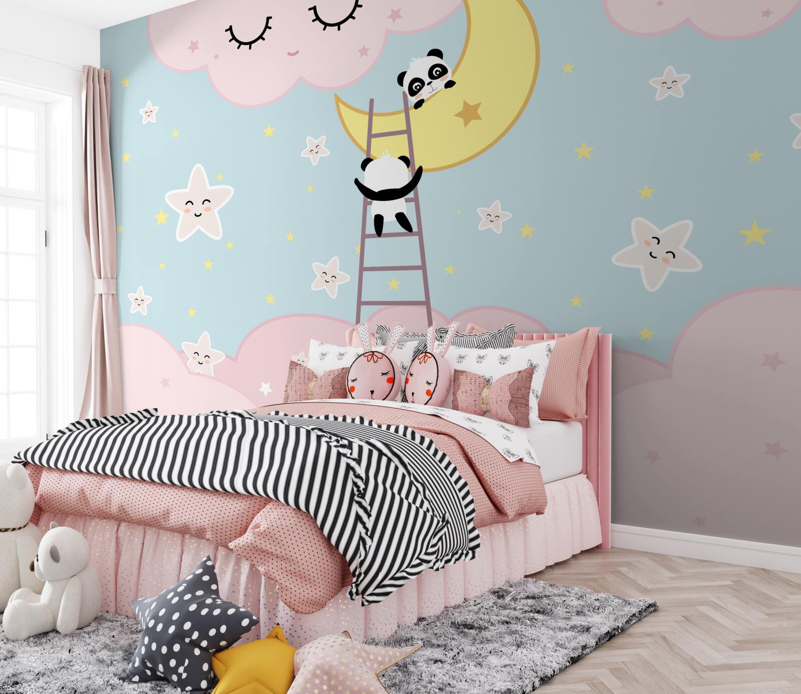 Fototapeta pandy wspinają się na księżyc po drabinie